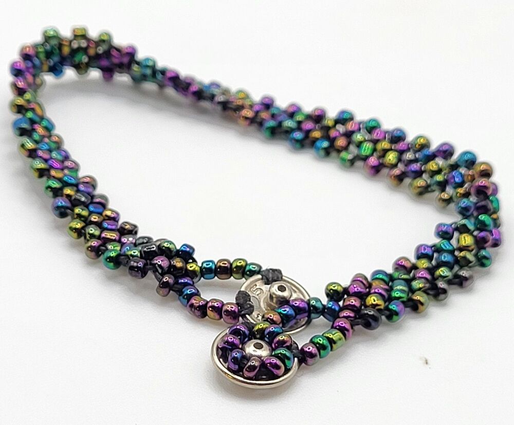Woven Beaded Oil Spill Bracelet Floral Snap Clasp Closure 6.5in
